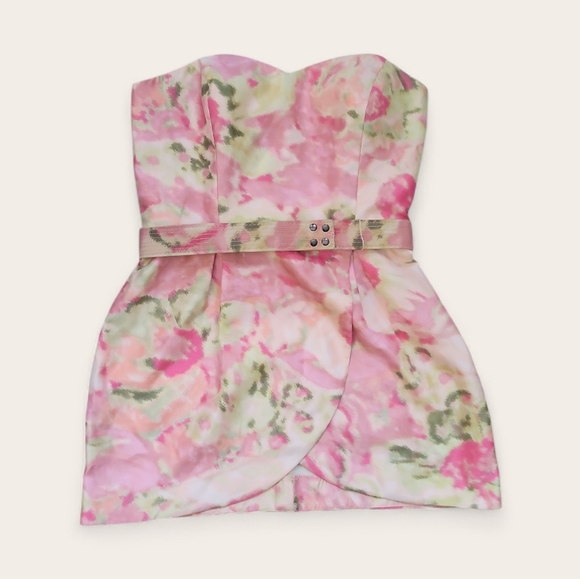 The Limited Dresses & Skirts - The Limited Event Strapless Pink Watercolor Floral Belted Mini Dress Tea Party 8